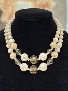Coro 60s Champagne Ice Cube Lucite & Faceted Balls Two-Strand Bead Necklace